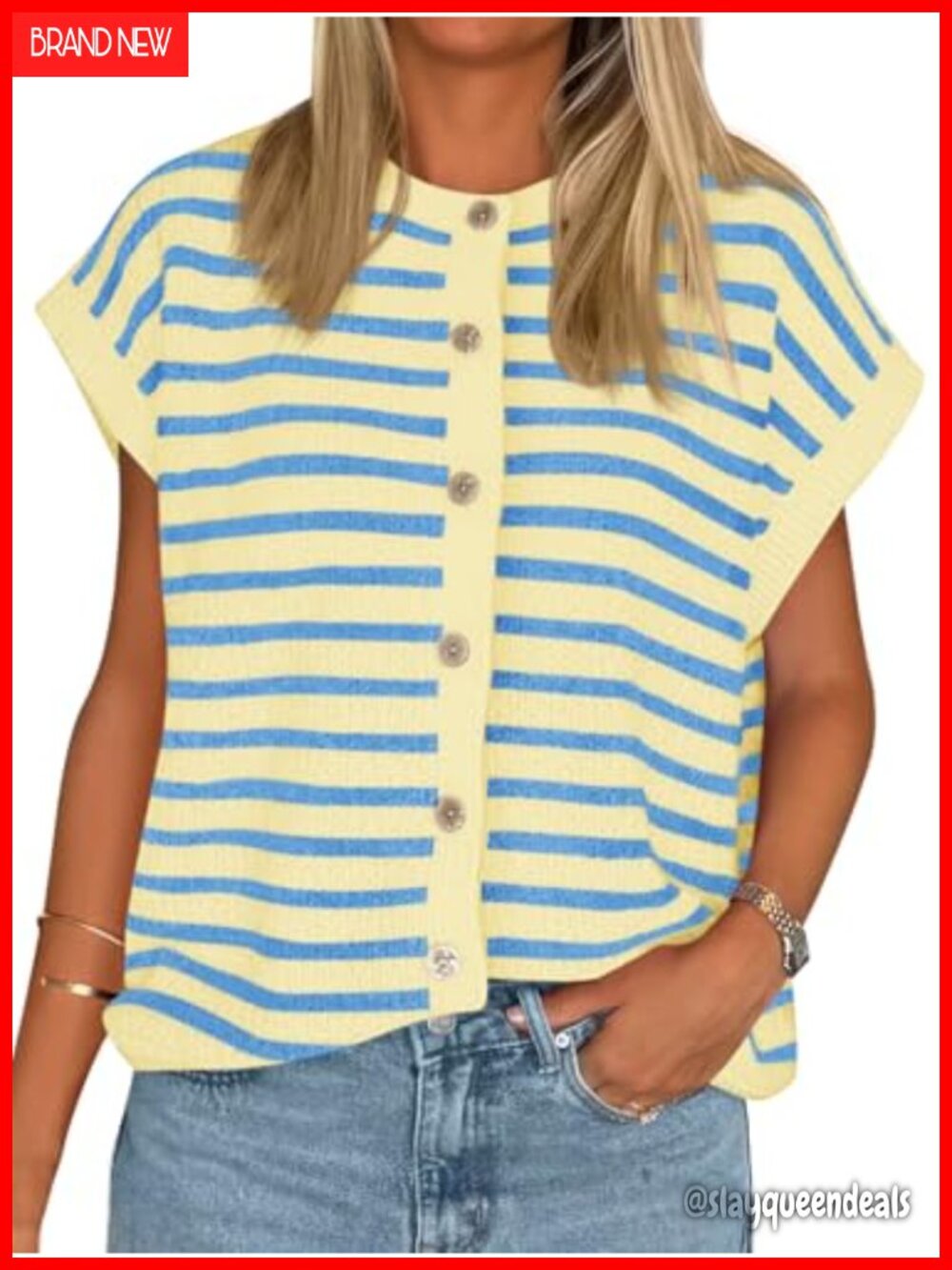 Striped Cap Sleeve Button Down Sweater Vest Cardigan